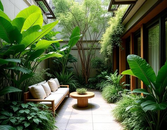 Lush, plant-filled balcony space designed as a green oasis.
